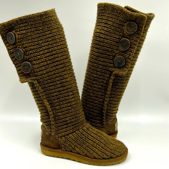 UGG AUSTRALIA CLASSIC CARDY WOMEN TALL KNIT WINTER BROWN BOOT - Picture 1 of 12